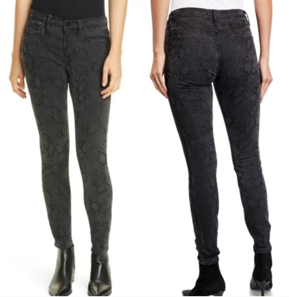 FRAME Denim Le Skinny de Jeanne Mid-Rise Crop Python Print Jean Black Stretch 27